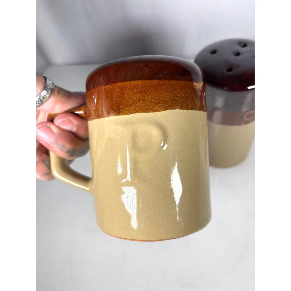 Vintage Ceramic Salt Pepper Cheese Shaker Set Brown Tan Drip Glaze Japan